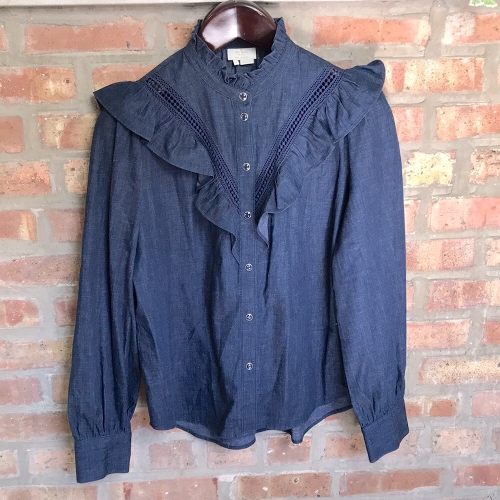 Kate Spade ruffled denim button-up shirt.